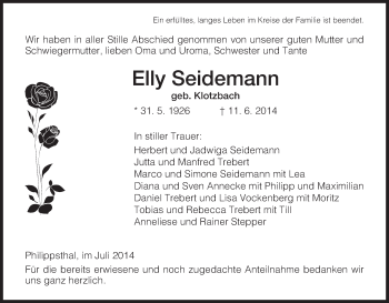 Traueranzeige von Elly Seidemann von Hersfeld