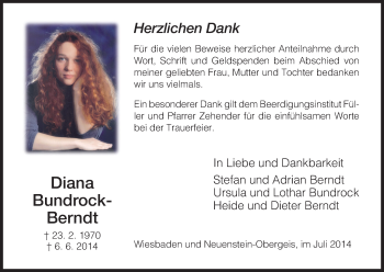 Traueranzeige von Diana Bundrock-Berndt von Hersfeld