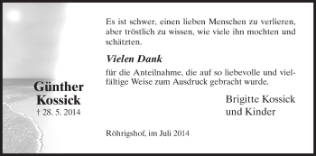 Traueranzeige von Günther Kossick von Hersfeld