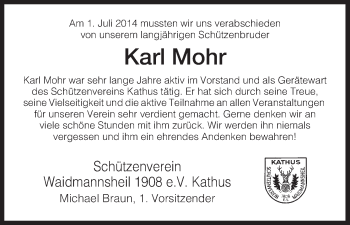 Traueranzeige von Karl Mohr von Hersfeld