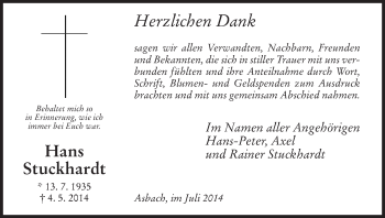 Traueranzeige von Hans Stuckhardt von Hersfeld