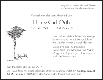 Traueranzeige von Hans-Karl Orth von Hersfeld