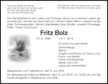 Traueranzeige von Fritz Bolz von Hersfeld