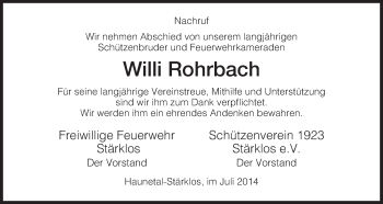 Traueranzeige von Willi Rohrbach von Hersfeld