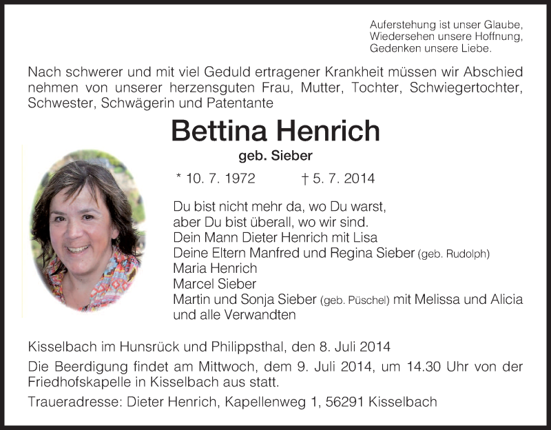  Traueranzeige für Bettina Henrich vom 08.07.2014 aus Hersfeld