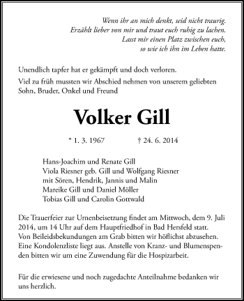 Traueranzeige von Volker Gill von Hersfeld