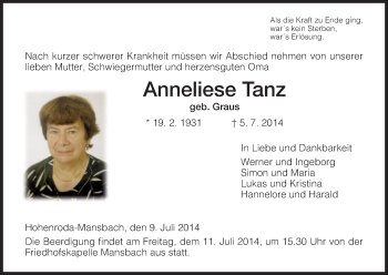 Traueranzeige von Anneliese Tanz von Hersfeld