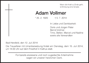 Traueranzeige von Adam Vollmer von Hersfeld
