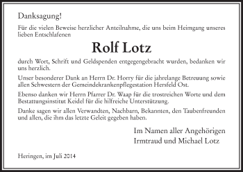Traueranzeige von Rolf Lotz von Hersfeld