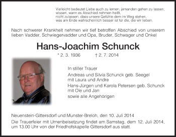 Traueranzeige von Hans-Joachim Schunck von Hersfeld