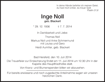 Traueranzeige von Inge Noll von Hersfeld