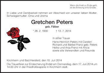 Traueranzeige von Gretchen Peters von Hersfeld