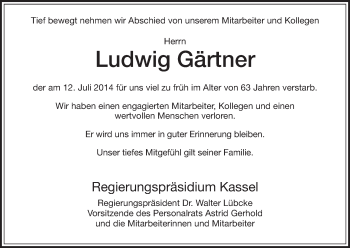 Traueranzeige von Ludwig Gärtner von Hersfelder Zeitung