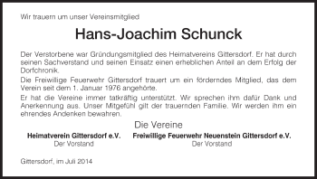 Traueranzeige von Hans-Joachim Schunck von Hersfelder Zeitung