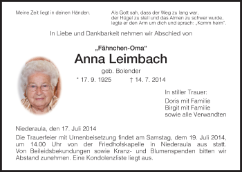 Traueranzeige von Anna Leimbach von Hersfeld