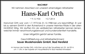 Traueranzeige von Hans-Karl Orth von Hersfeld