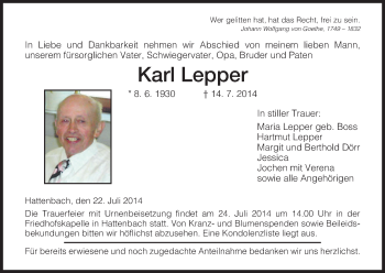 Traueranzeige von Karl Lepper von Hersfeld