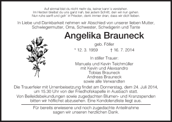 Traueranzeige von Angelika Brauneck von Hersfeld