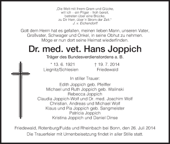 Traueranzeige von Hans Joppich von Hersfeld