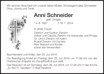 Traueranzeige von Anni Schneider von Hersfeld