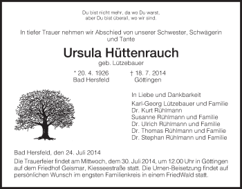 Traueranzeige von Ursula Hüttenrauch von Hersfeld