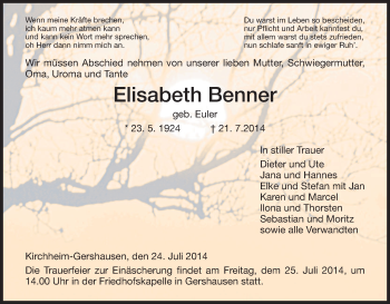 Traueranzeige von Elisabeth Benner von Hersfeld