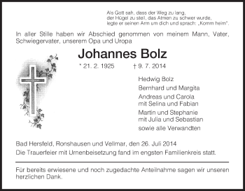 Traueranzeige von Johannes Bolz von Hersfeld