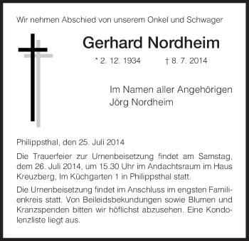 Traueranzeige von Gerhard Nordheim von Hersfeld