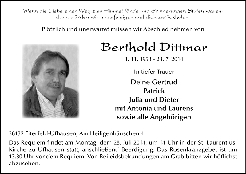  Traueranzeige für Berthold Dittmar vom 26.07.2014 aus Hersfeld
