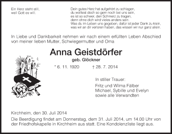 Traueranzeige von Anna Geistdörfer von Hersfeld