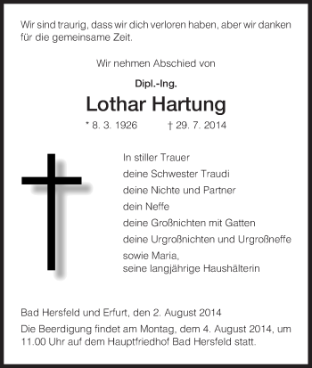 Traueranzeige von Lothar Hartung von Hersfeld