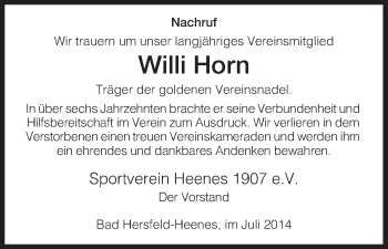 Traueranzeige von Willi Horn von Hersfeld