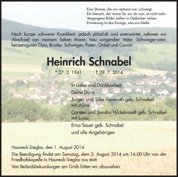 Traueranzeige von Heinrich Schnabel von Hersfeld