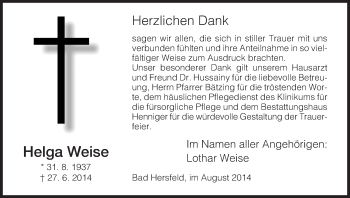 Traueranzeige von Helga Weise von Hersfeld