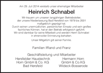 Traueranzeige von Herinrich Schnabel von Hersfeld