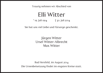 Traueranzeige von Elli Witter von Hersfeld