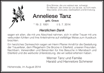 Traueranzeige von Anneliese Tanz von Hersfeld