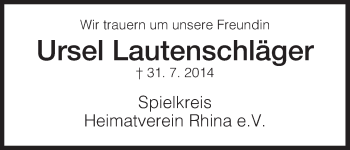 Traueranzeige von Ursel Lautenschläger von Hersfeld