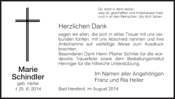 Traueranzeige von Marie Schindler von Hersfeld