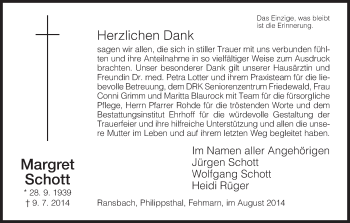 Traueranzeige von Margret Schott von Hersfeld