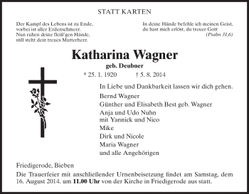 Traueranzeige von Katharina Wagner von Hersfeld