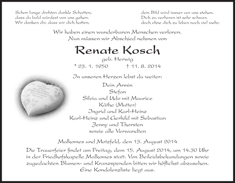  Traueranzeige für Renate Kosch vom 13.08.2014 aus Hersfeld