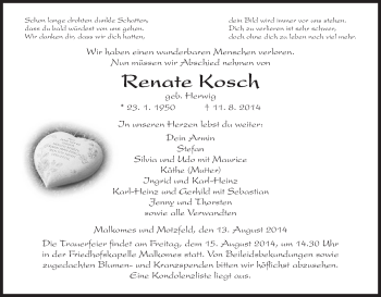 Traueranzeige von Renate Kosch von Hersfeld