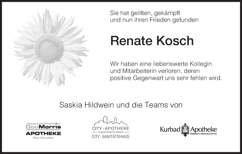  Traueranzeige für Renate Kosch vom 13.08.2014 aus Hersfeld