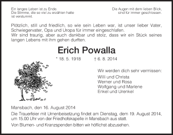Traueranzeige von Erich Powalla von Hersfeld