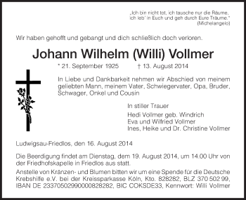 Traueranzeige von Johann Wilhelm Vollmer von Hersfeld