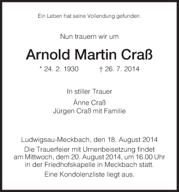 Traueranzeige von Arnold Martin Crass von Hersfeld