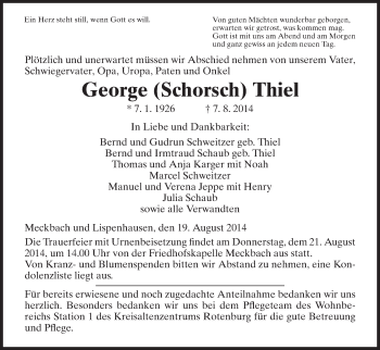 Traueranzeige von George Thiel von Hersfeld