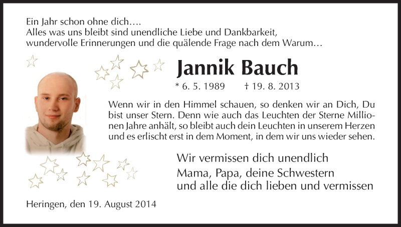  Traueranzeige für Jannik Bauch vom 19.08.2014 aus Hersfeld