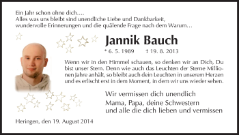 Traueranzeige von Jannik Bauch von Hersfeld